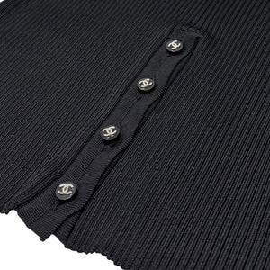 CHANEL Vintage 97P CC Logo Ribbed Long Dress #40 Sleeveless Black Rayon Button