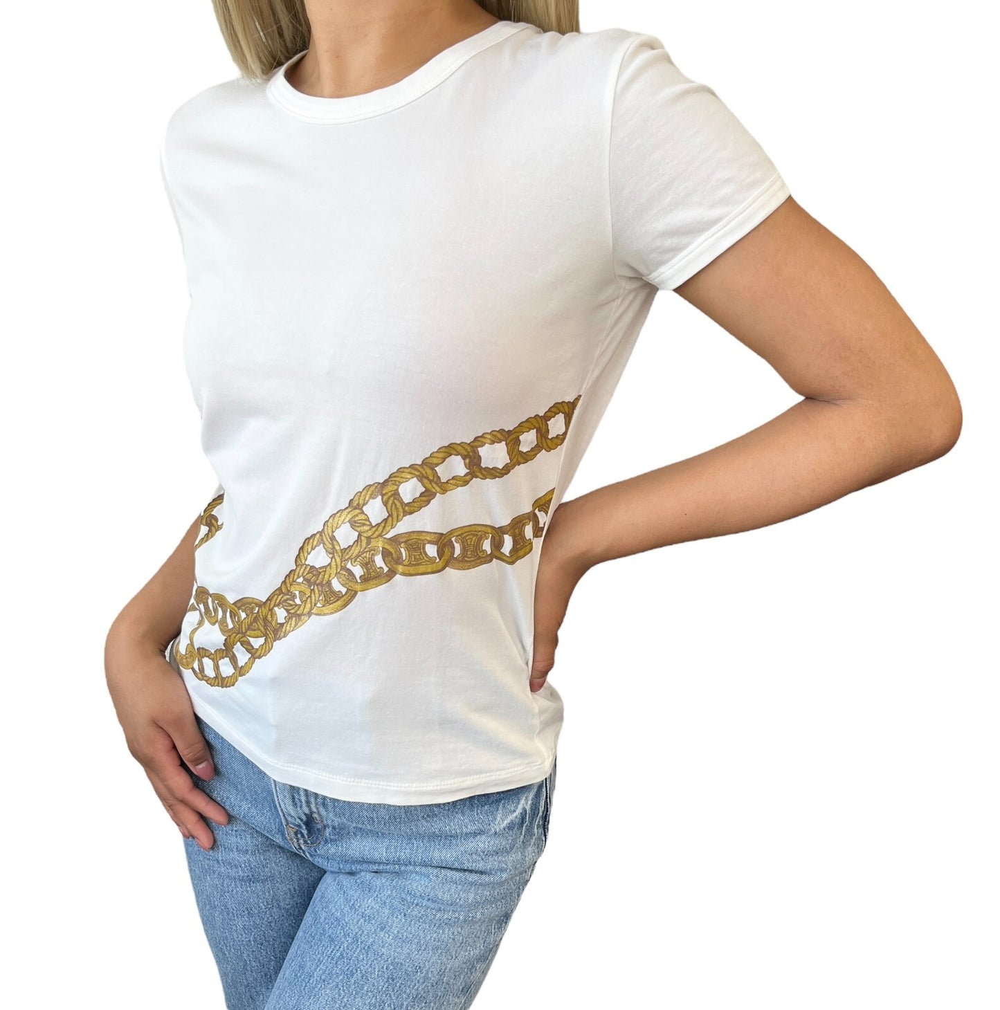 CELINE Vintage Macadam Logo T-shirt Top #S Chain Print White Cotton Rank AB