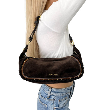 miumiu Vintage Shearling Studded Shoulder Bag Suede Boa Brown Gold 902328