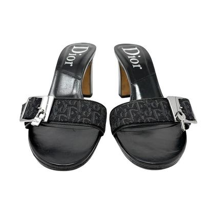 Christian Dior Vintage Trotter Monogram Sandals Heels #37 Black Silver 902027