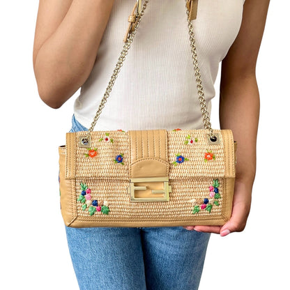 FENDI Vintage FF Logo Beads Mamma Baguette Raffia Shoulder Bag Beige 902273