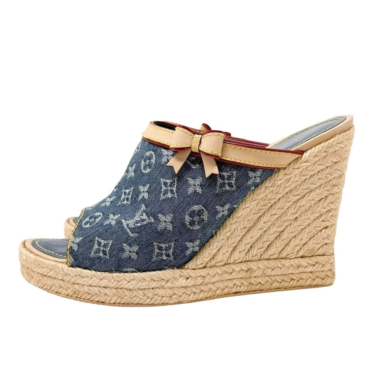 LOUIS VUITTON Vintage Monogram LV Logo Denim Sandals Heels #37.5 Blue Leather