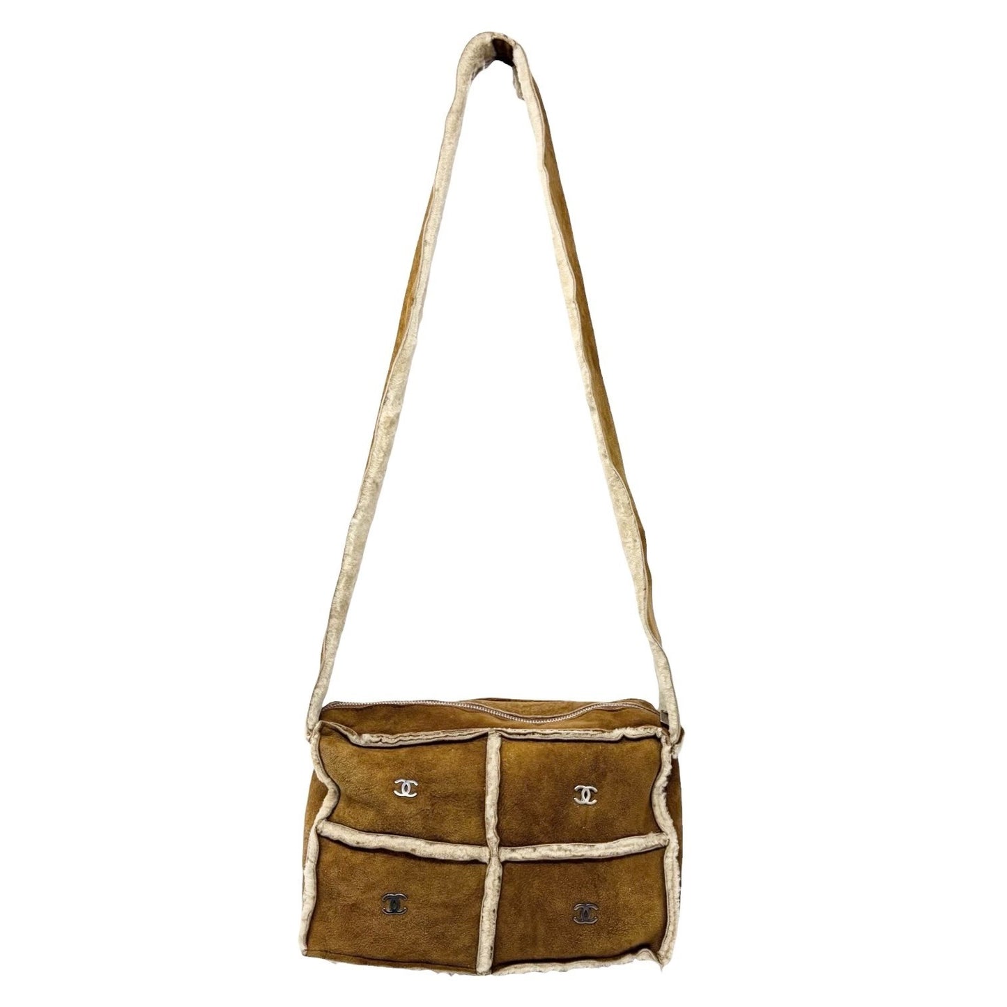 CHANEL Vintage CC Logo Shearling Crossbody Bag Brown Cream Mouton Suede Boa