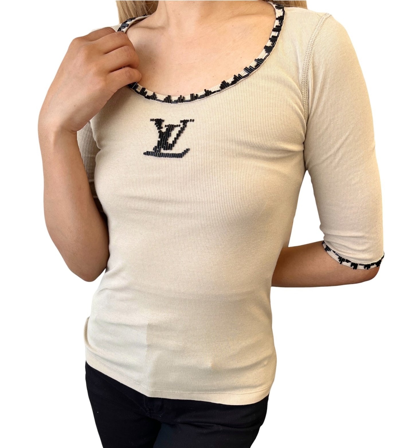 LOUIS VUITTON Vintage Beads Knit Long Sleeve Top T-shirt #XS Beige 901990