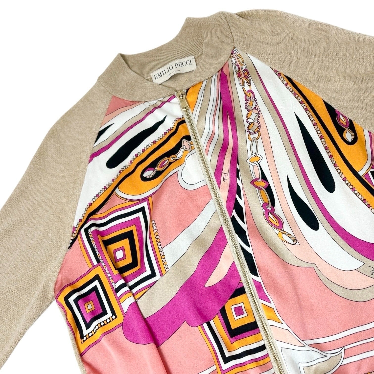 EMILIO PUCCI Vintage Logo Zipped Jacket #XS Beige Pink Light Brown Silk Wool