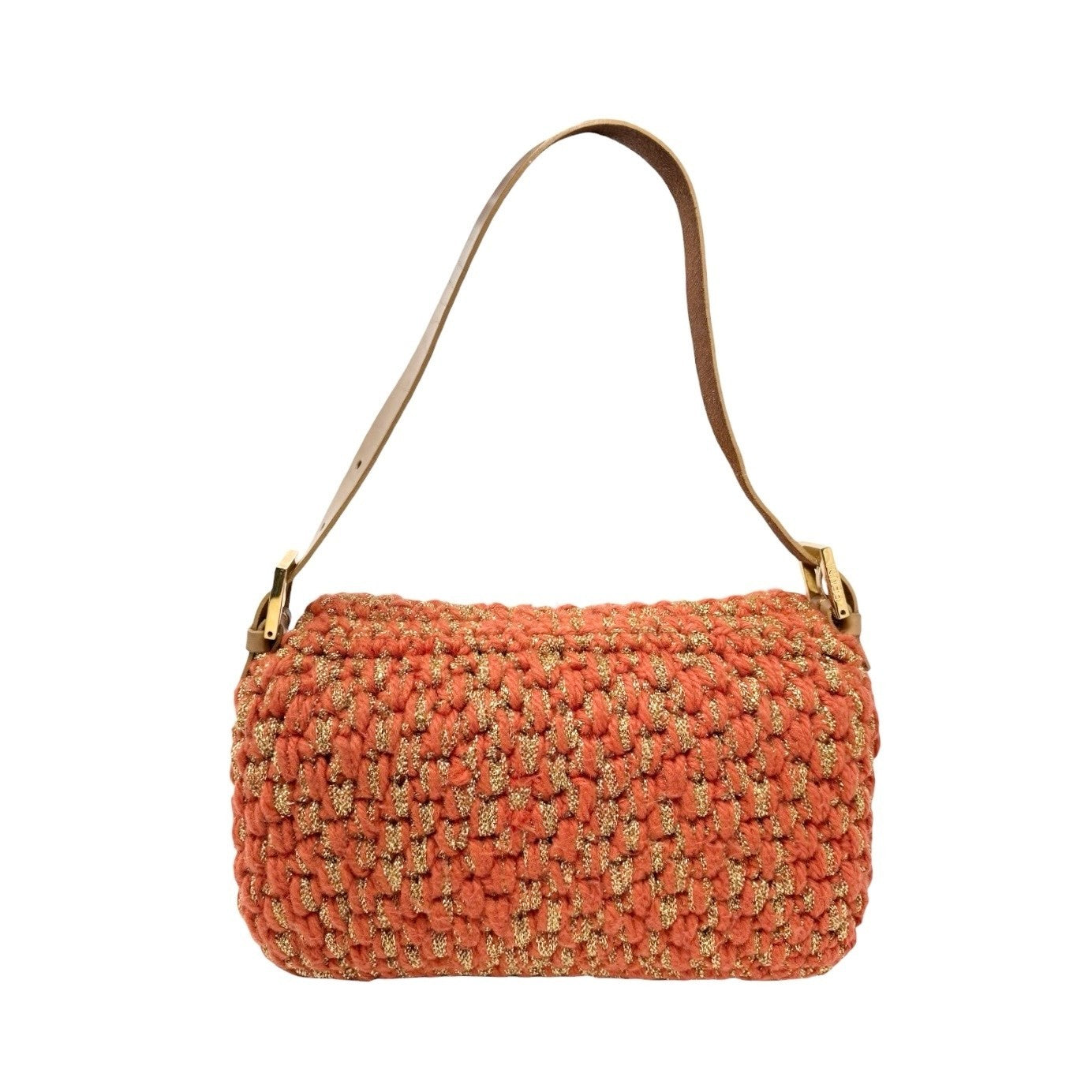 FENDI Vintage FF Mamma Baguette Wool Knit Shoulder Bag Glitter Orange Beige