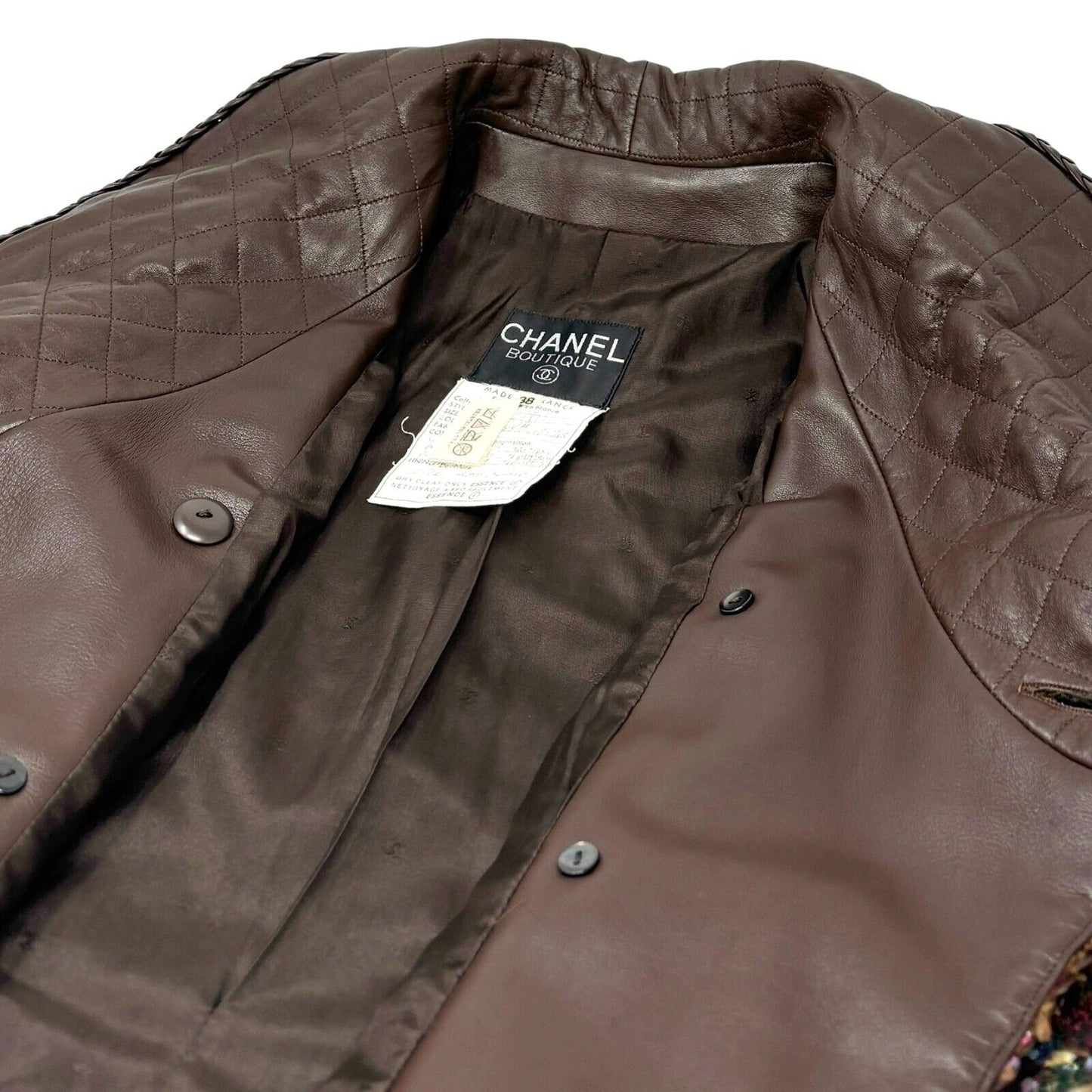 CHANEL Vintage 92A CC Logo Tweed Jacket #38 Multicolor Button Wool Leather