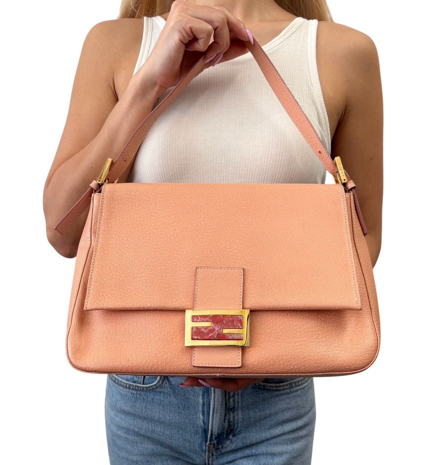 FENDI Vintage FF Logo Mamma Baguette Shoulder Bag Handbag Salmon Pink Leather