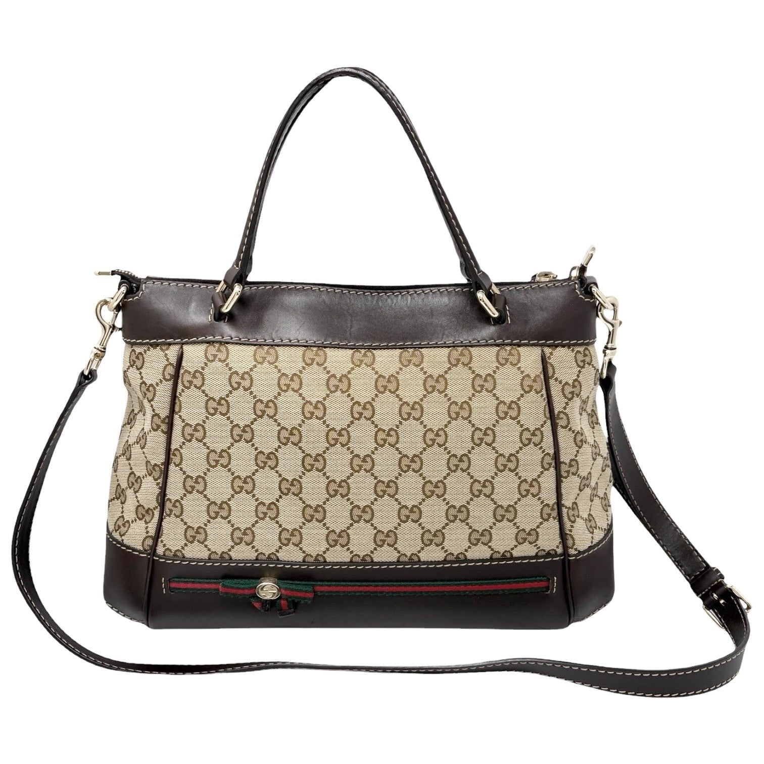 GUCCI Vintage GG Monogram Web Stripe 2way Shoulder Bag Beige Brown Ribbon