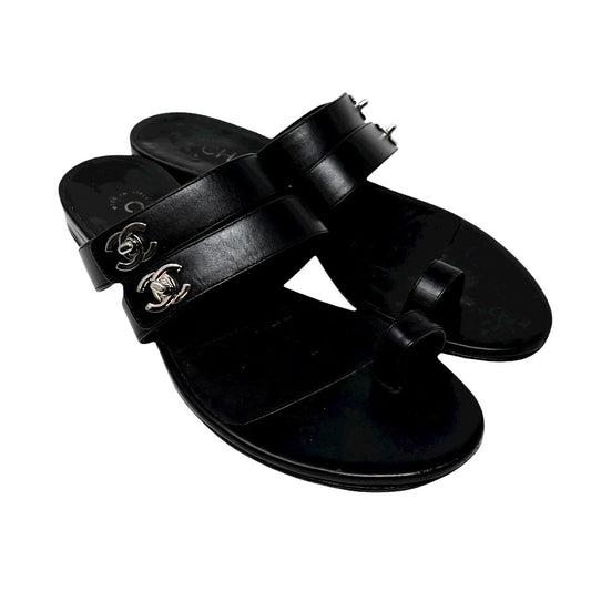 CHANEL Vintage CC Mark Logo Turnlock Flat Thong Sandals #37.5 Black Leather