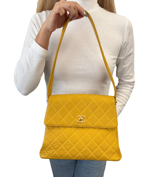 CHANEL Vintage CC Logo Turnlock Quilted Flap Shoulder Bag Yellow Gold Leather