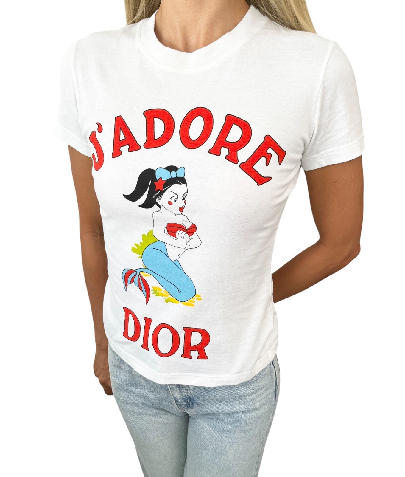 Christian Dior Vintage 2002 J'ADORE Cartoon Mermaid T-shirt Top #38 White Red