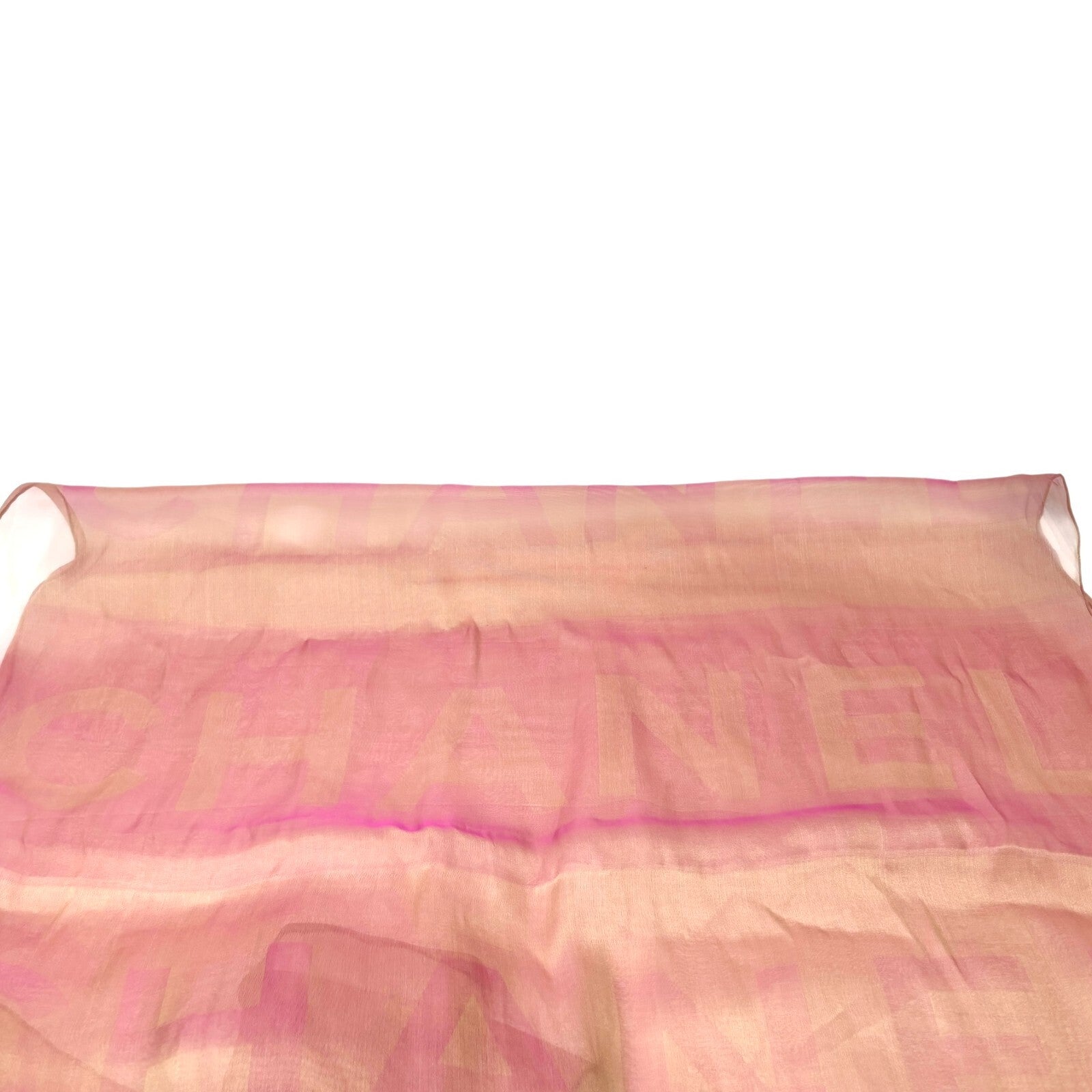 CHANEL Vintage Big CC Logo See-through Scarf Shawl Wrap Pink Cream Silk