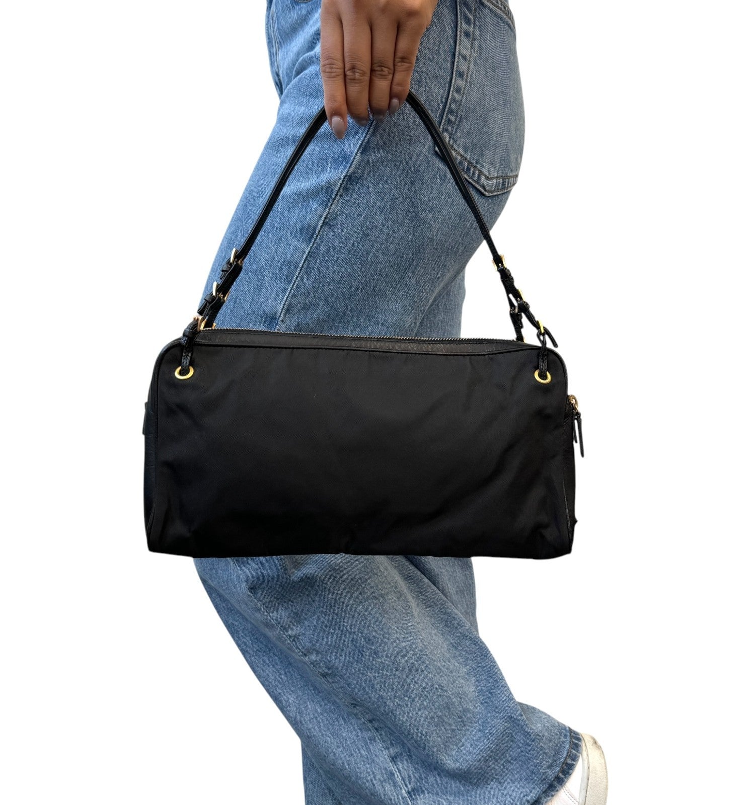 PRADA Vintage Logo Pochette Mini Shoulder Bag Black Gold Nylon Zip Leather