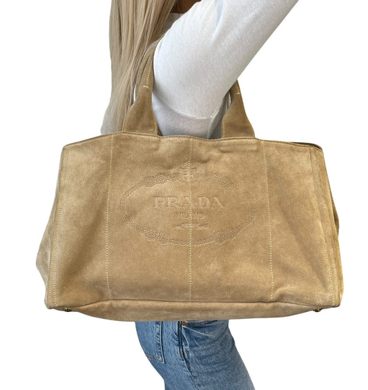 PRADA Vintage Canapa Big Logo Suede Large Tote Bag Beige Gold Stitch Shopper