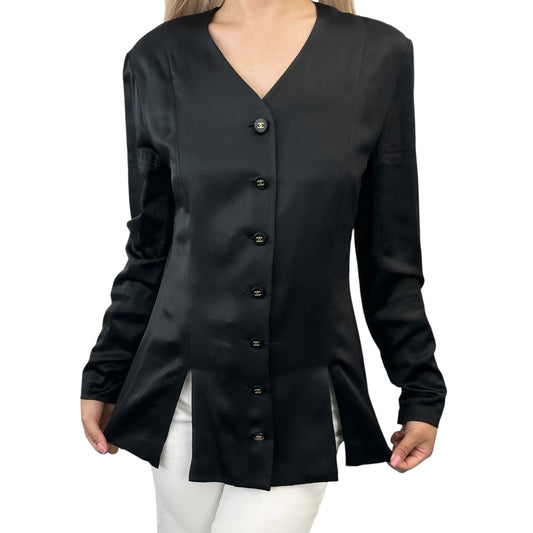 CHANEL Vintage 94A CC Logo Silk Shirt Top #38 Blouse Button V-neck Black Gold