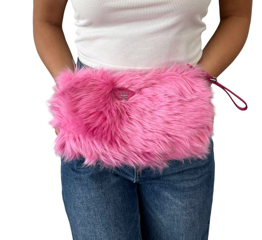 PRADA Vintage Logo Faux Fur Pelliccia Clutch Bag Wristlet Pouch Pink 902250