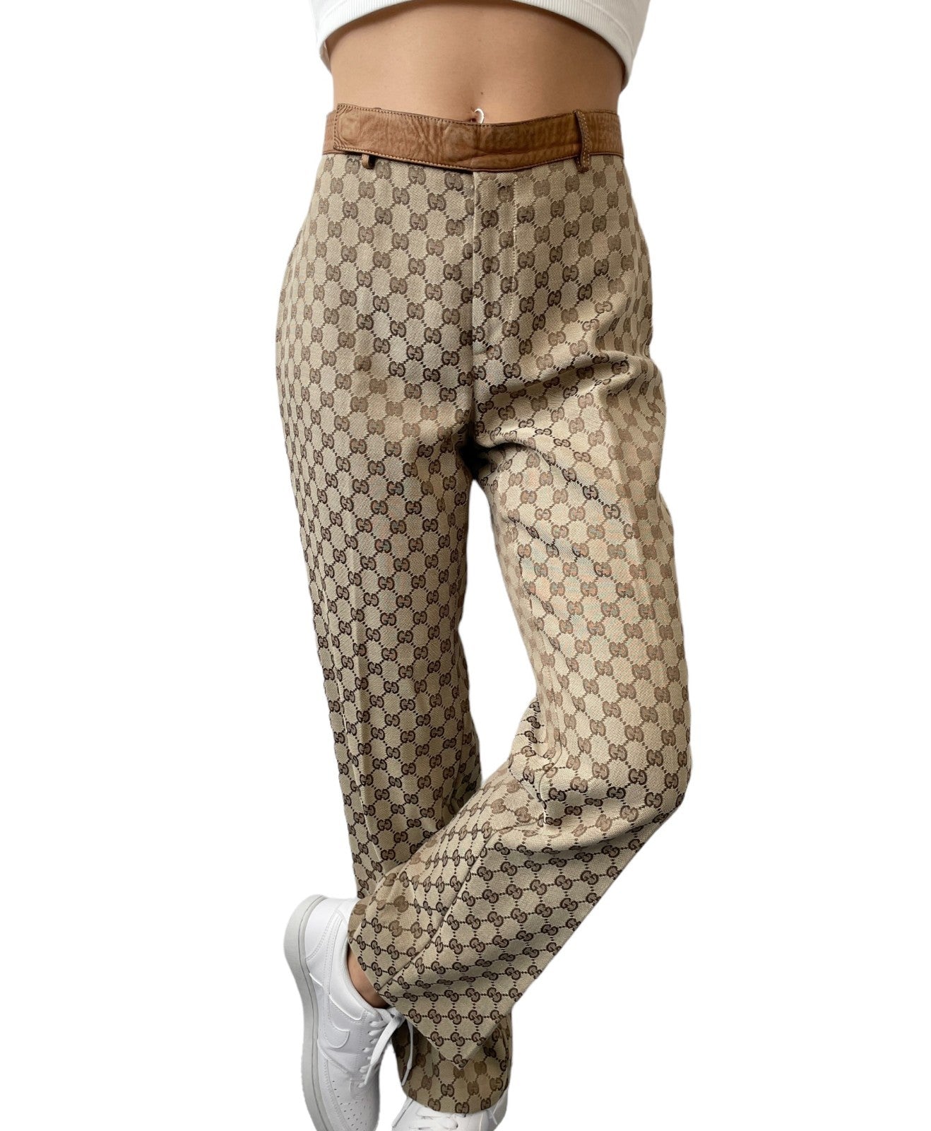 GUCCI Vintage GG Logo Jacquard Canvas Belted Tapered Cropped Pants #38 Beige