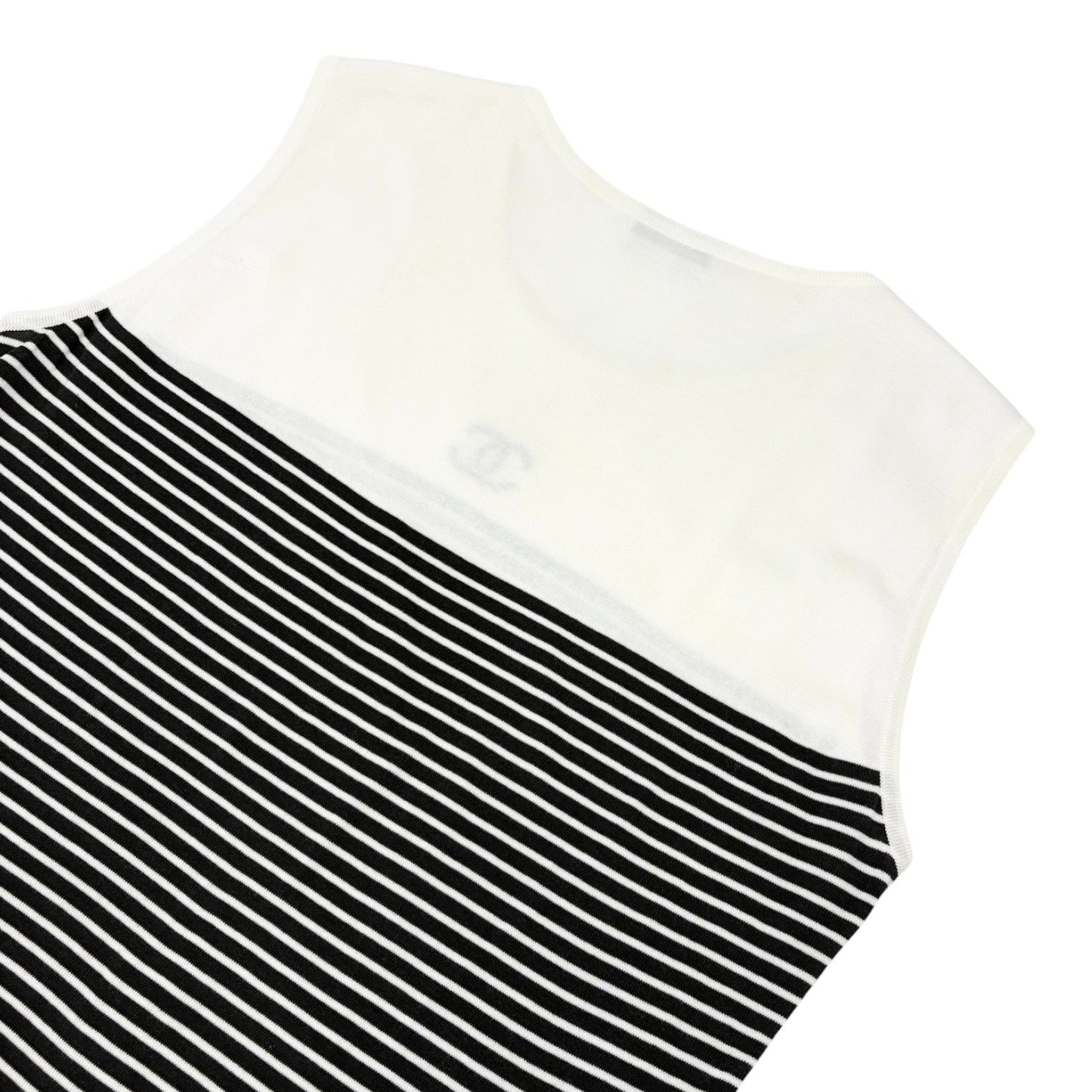 CHANEL Vintage CC Striped Sleeveless Tank Top #M White Black Cotton 902263