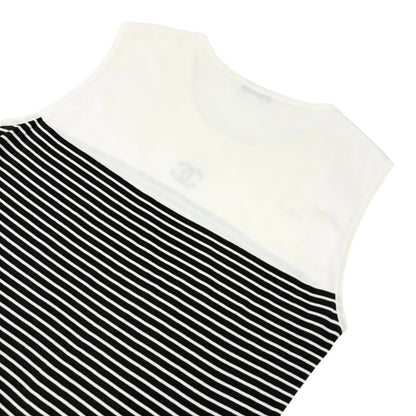CHANEL Vintage CC Striped Sleeveless Tank Top #M White Black Cotton 902263