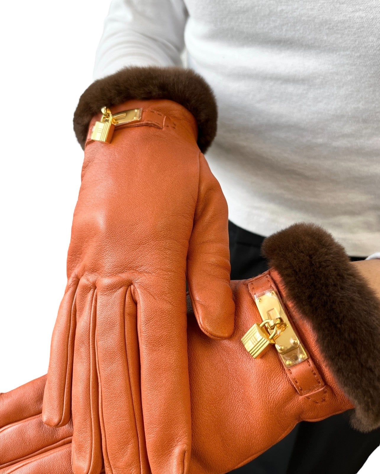 HERMES Vintage H Logo Kelly Gloves Accessory Padlock Charm #7 Orange Leather