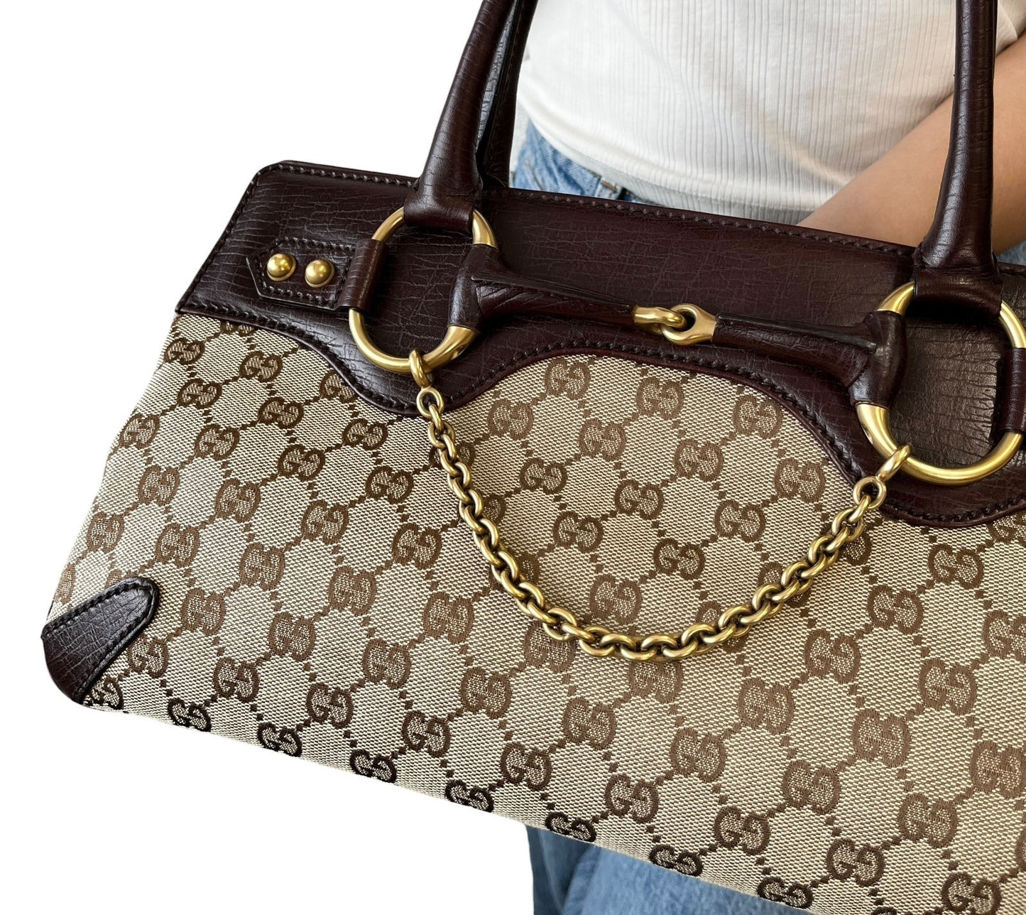 GUCCI Vintage GG Monogram Horsebit Chain Tote Bag Beige Brown Canvas 902254