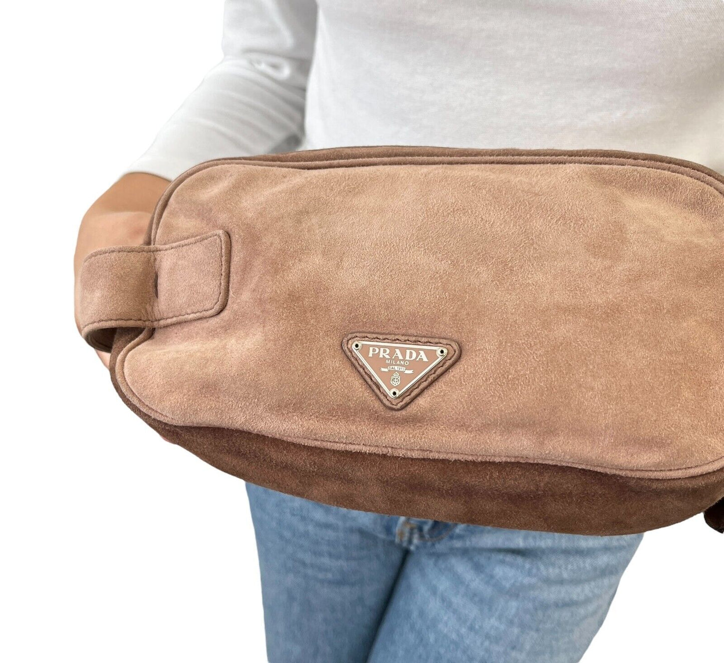 PRADA Vintage Logo 2way Crossbody Bag Clutch Pochette Mocha Brown Suede Zip