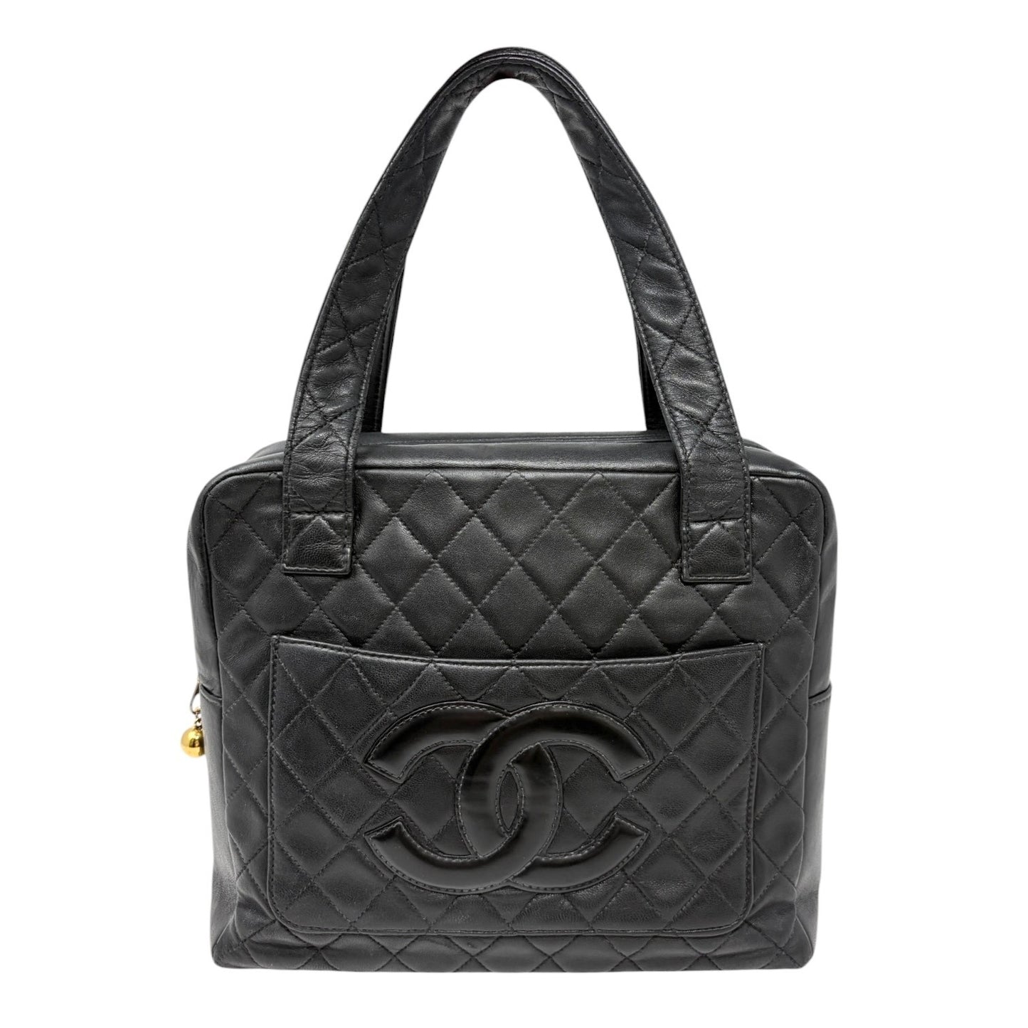 CHANEL Vintage Bic CC Logo Quilted Leather Hand Tote Bag Black Gold 902274