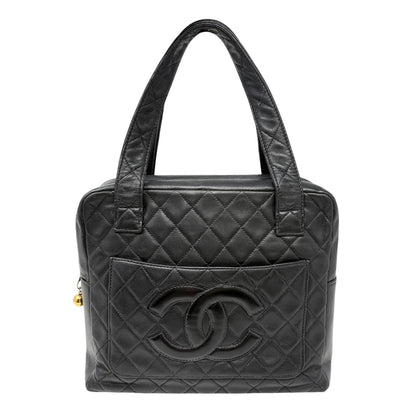 CHANEL Vintage Bic CC Logo Quilted Leather Hand Tote Bag Black Gold 902274