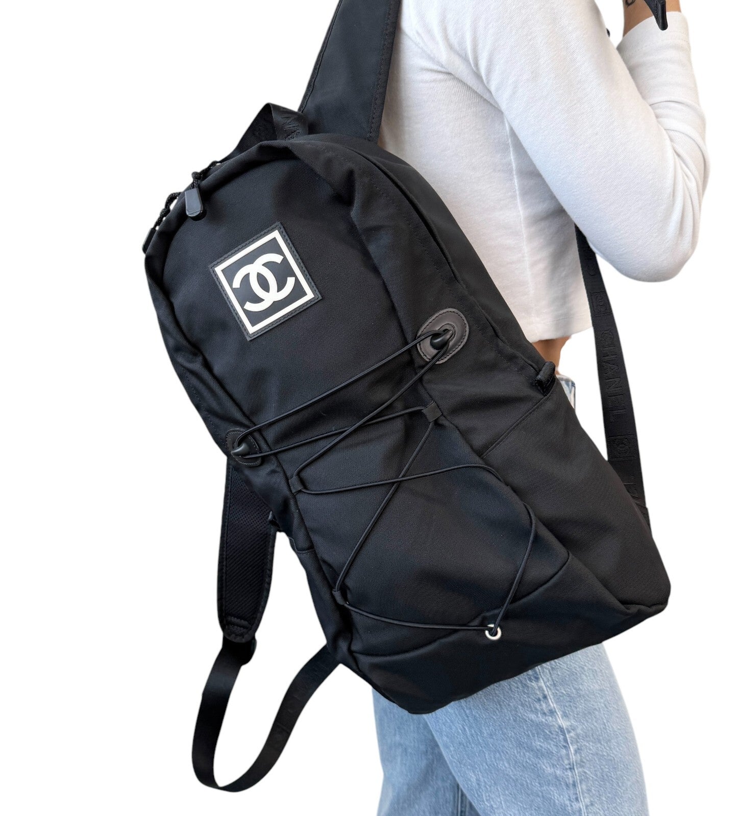 CHANEL Sport Vintage 2004 CC Mark Logo Backpack Black White Nylon Leather Zip