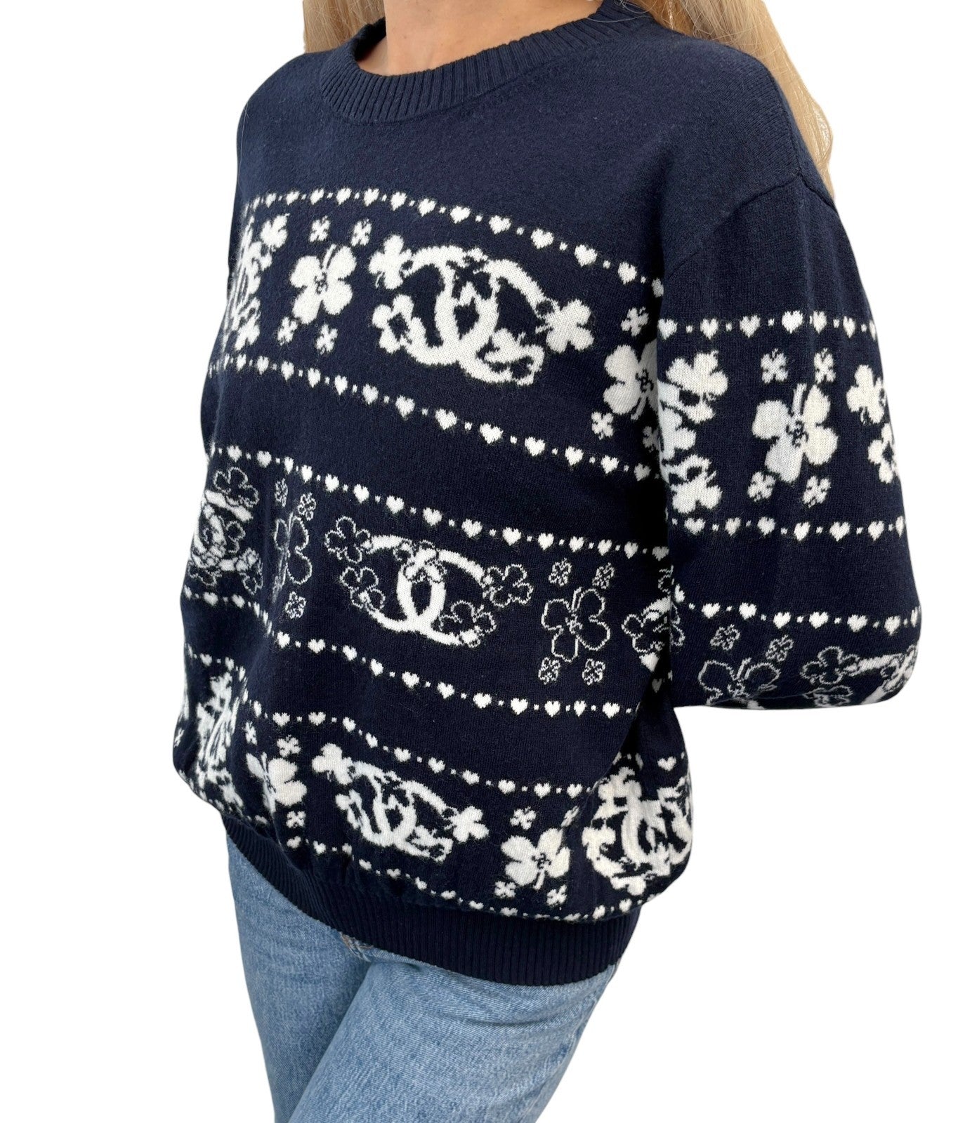 CHANEL Vintage P63037 CC Logo Cashmere Knit Sweater Top #46 Dark Blue Clover
