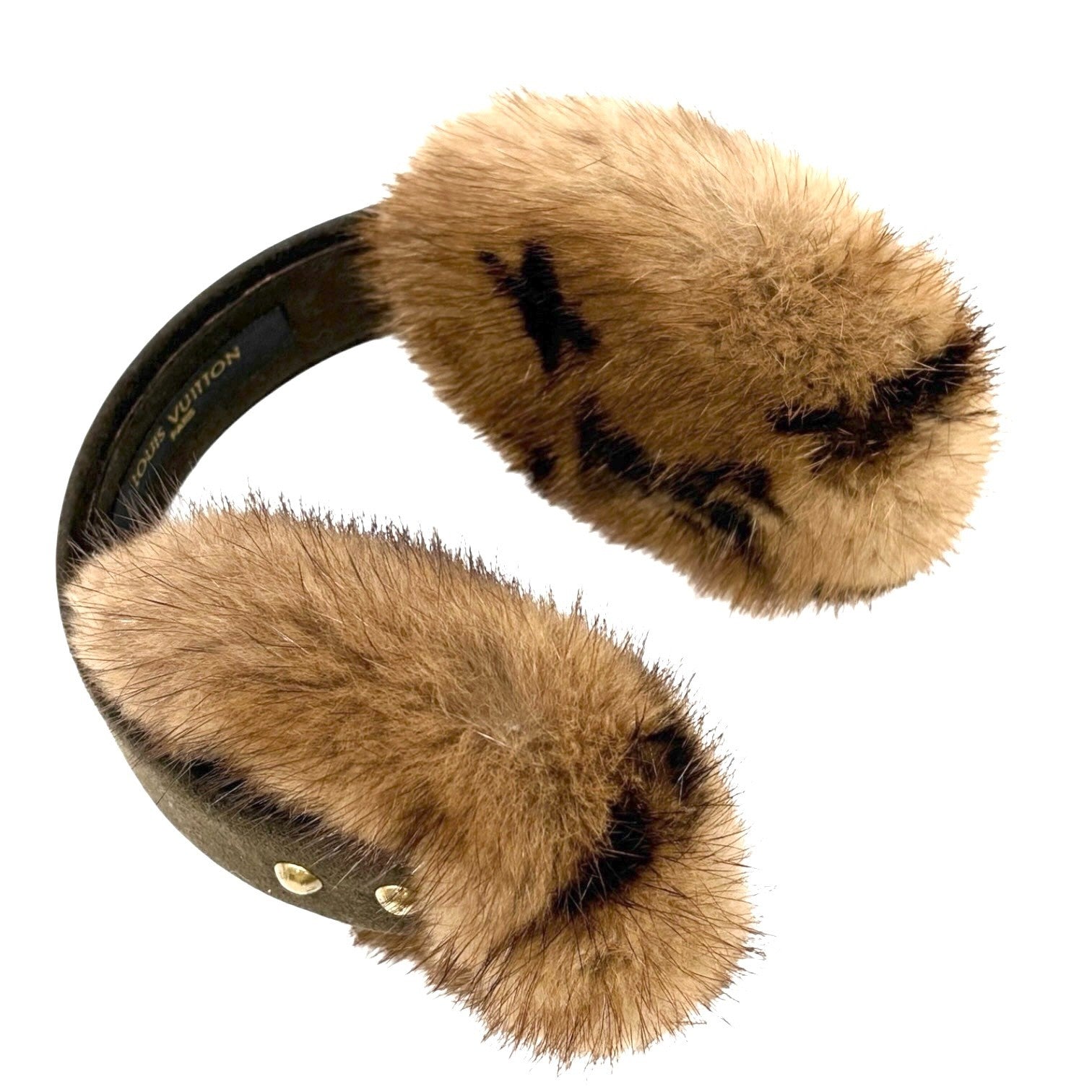 LOUIS VUITTON Vintage LV Monogram Mink Earmuffs Brown Gold Suede Accessory