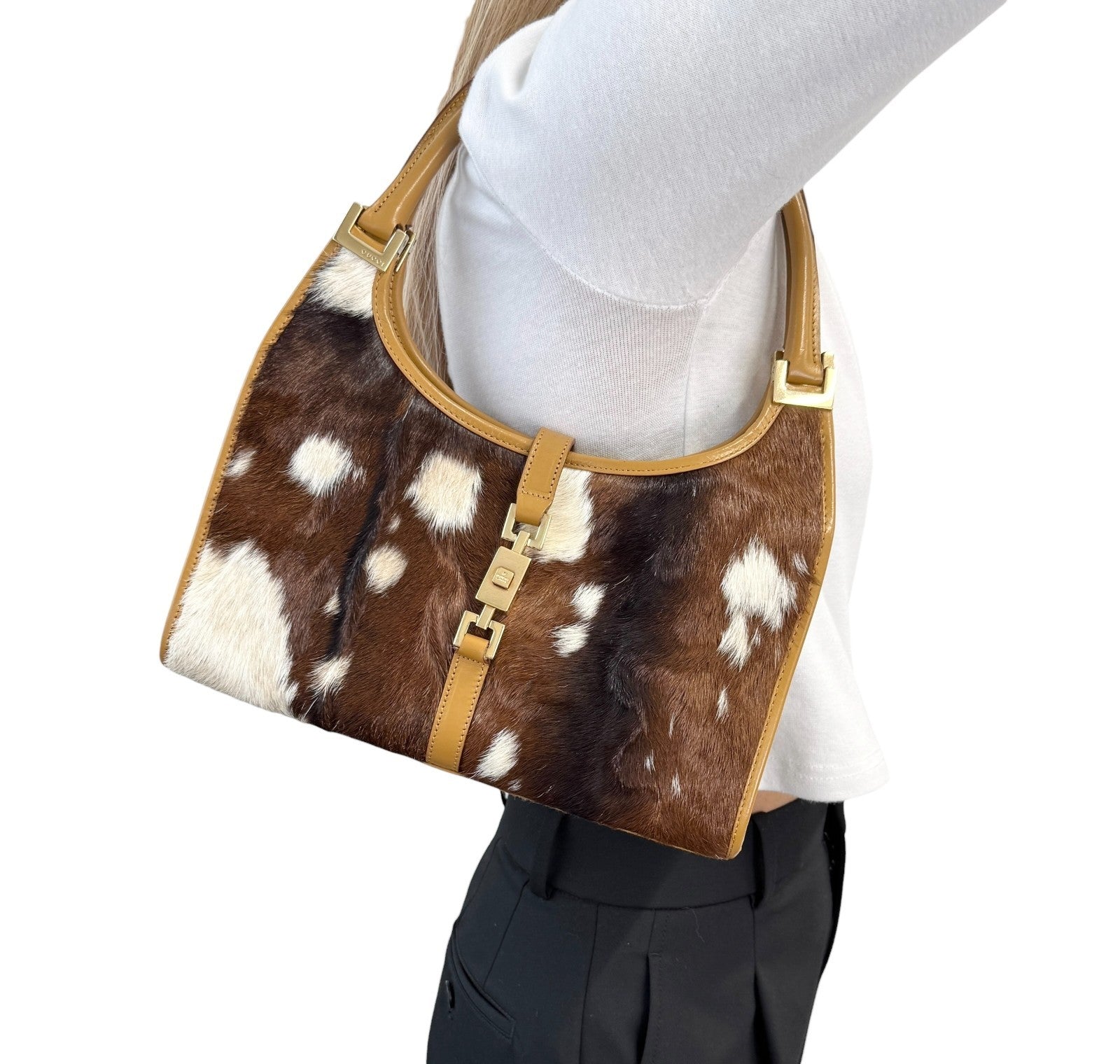 GUCCI Vintage Jackie Cow Pony Calf Hair Shoulder Bag Brown Gold Leather