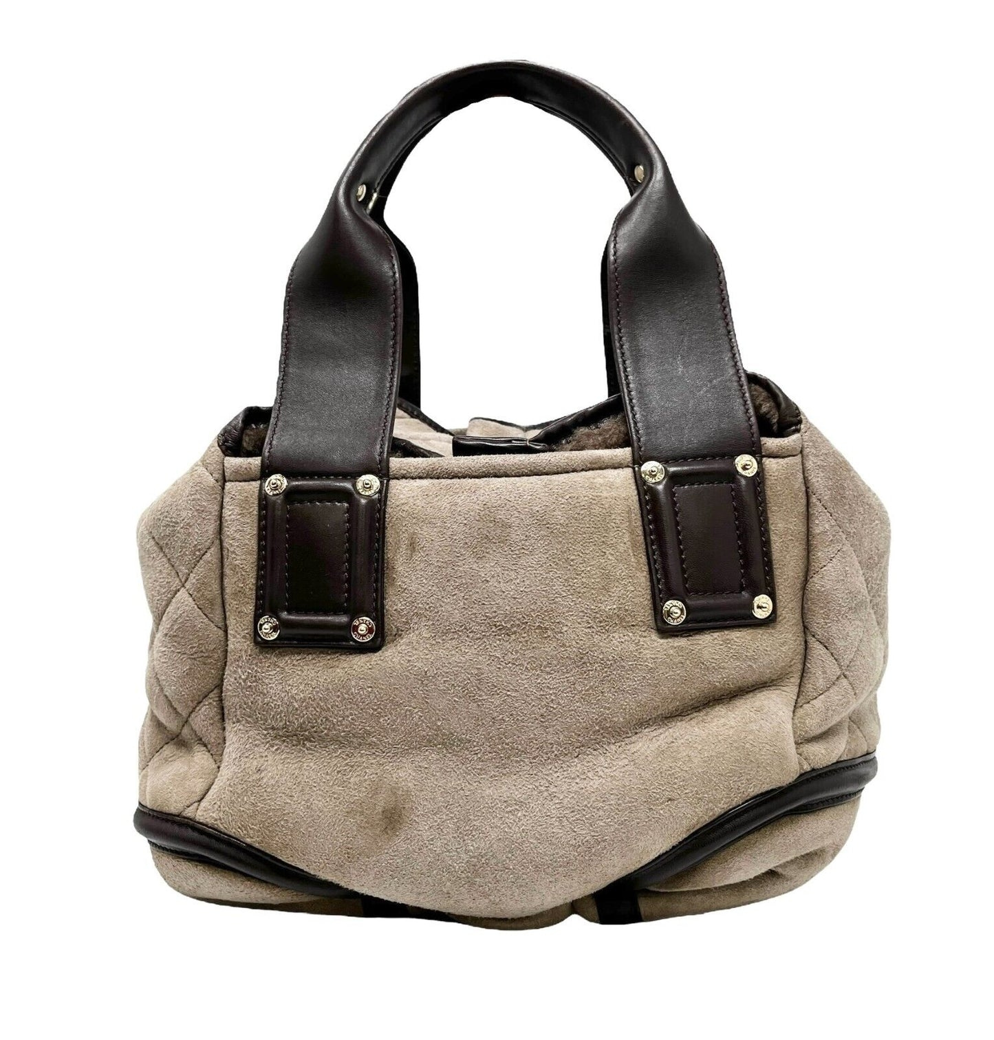 CHANEL Vintage CC Logo Tote Bag Matelasse Snap Button Brown Gold Suede Leather