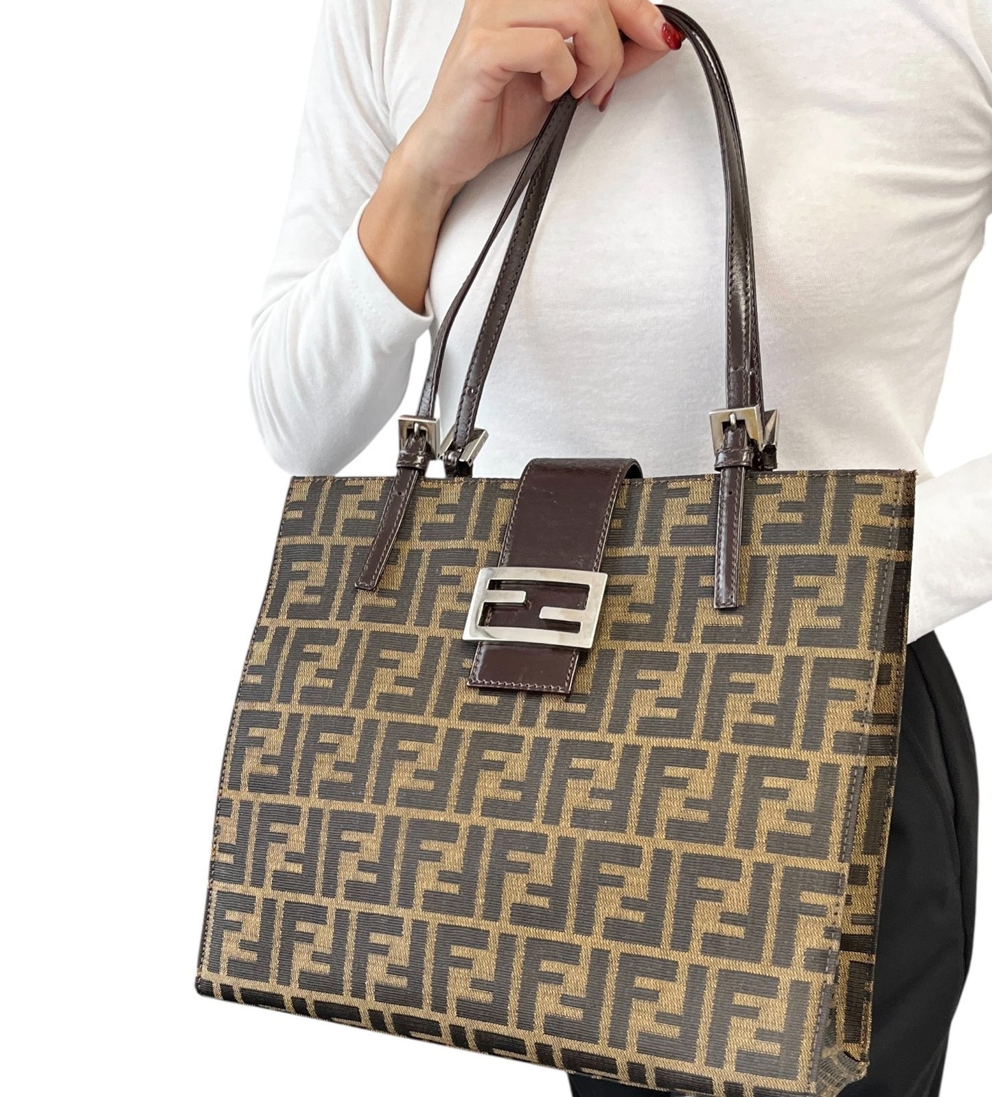 Fendi Vintage Zucca Canvas Tote Shoulder Bag Brown FF Logo Monogram Leather