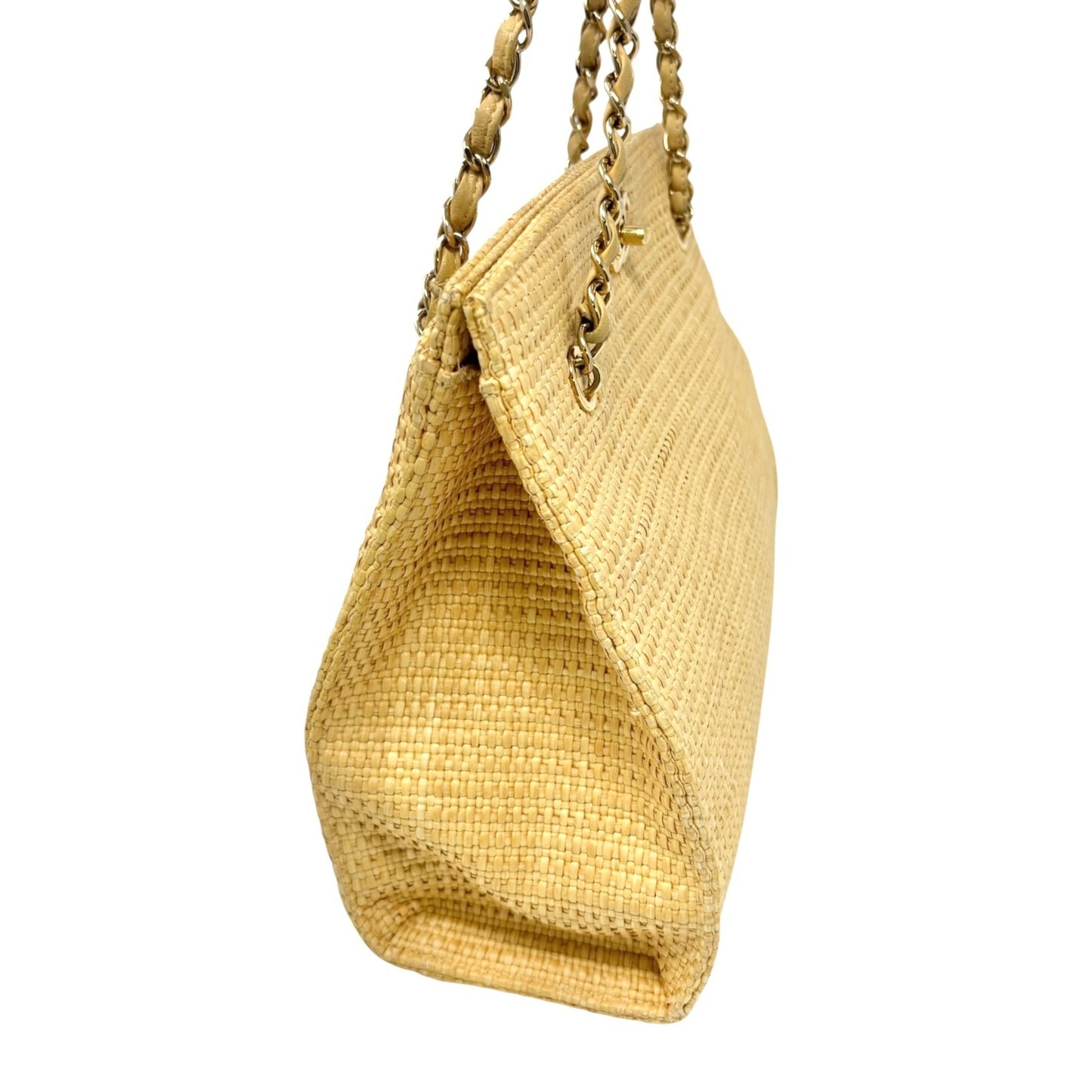 CHANEL Vintage 90s CC Logo Chain Shoulder Bag Cream Gold Straw