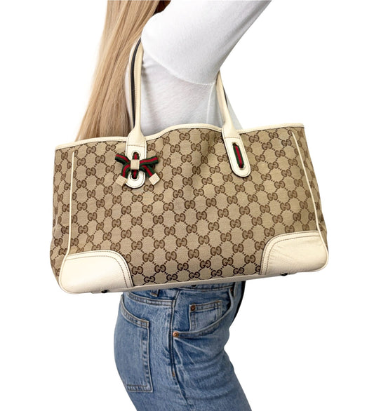GUCCI Vintage GG Monogram Web Stripe Ribbon Tote Shoulder Bag Beige 902324