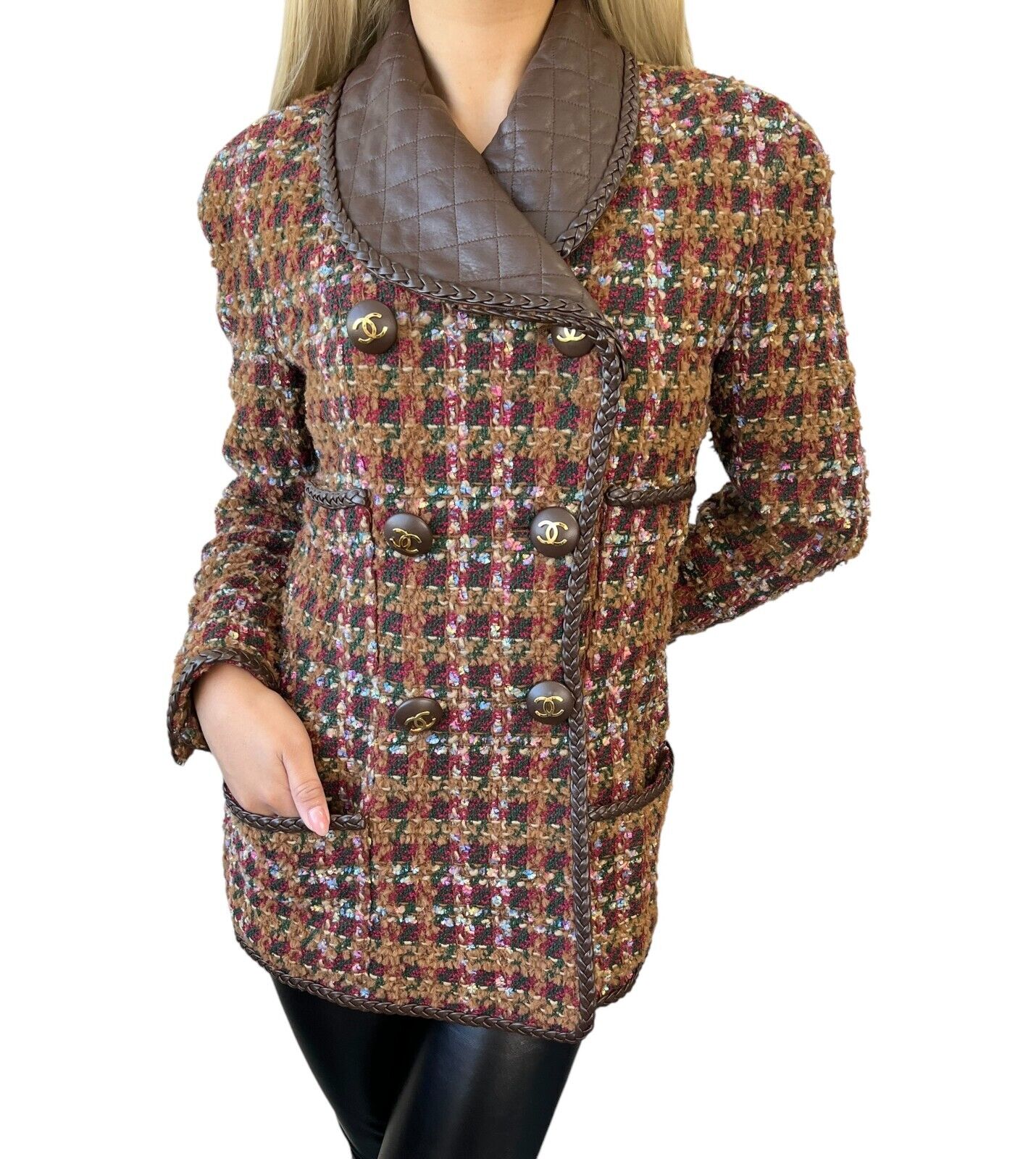 CHANEL Vintage 92A CC Logo Tweed Jacket #38 Multicolor Button Wool Leather