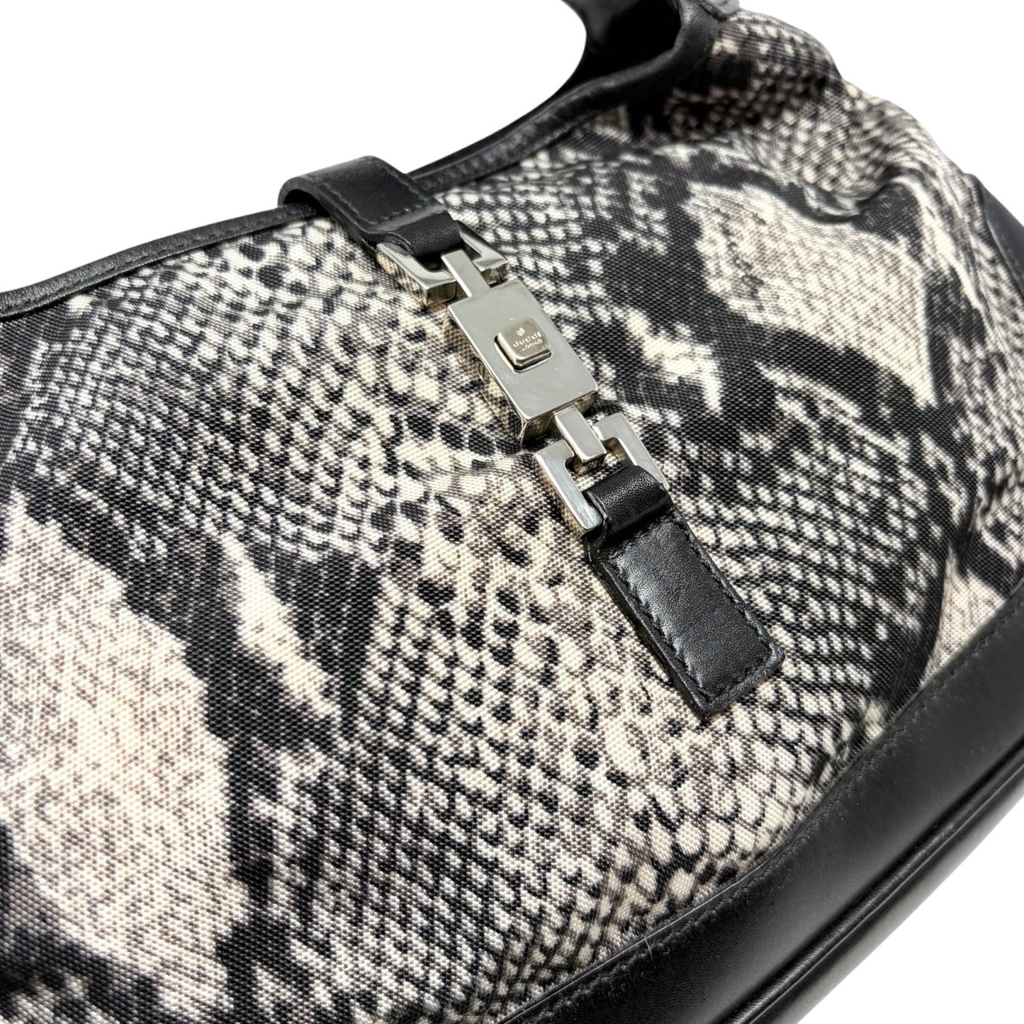 GUCCI Vintage Logo Jackie Snake Print Shoulder Bag Black White Nylon 902411