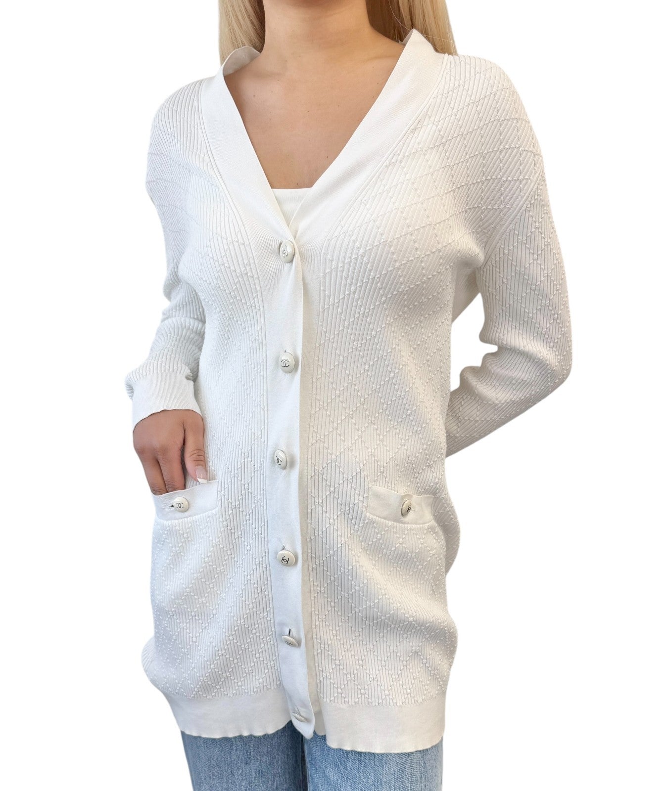CHANEL Vintage P45654 CC Logo Button Knit Long Cardigan Top #38 White 106957