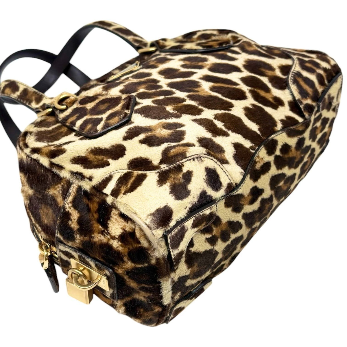 PRADA Vintage Leopard Pony Calf Hair Shoulder Top Handle Bag Cream Brown 902393