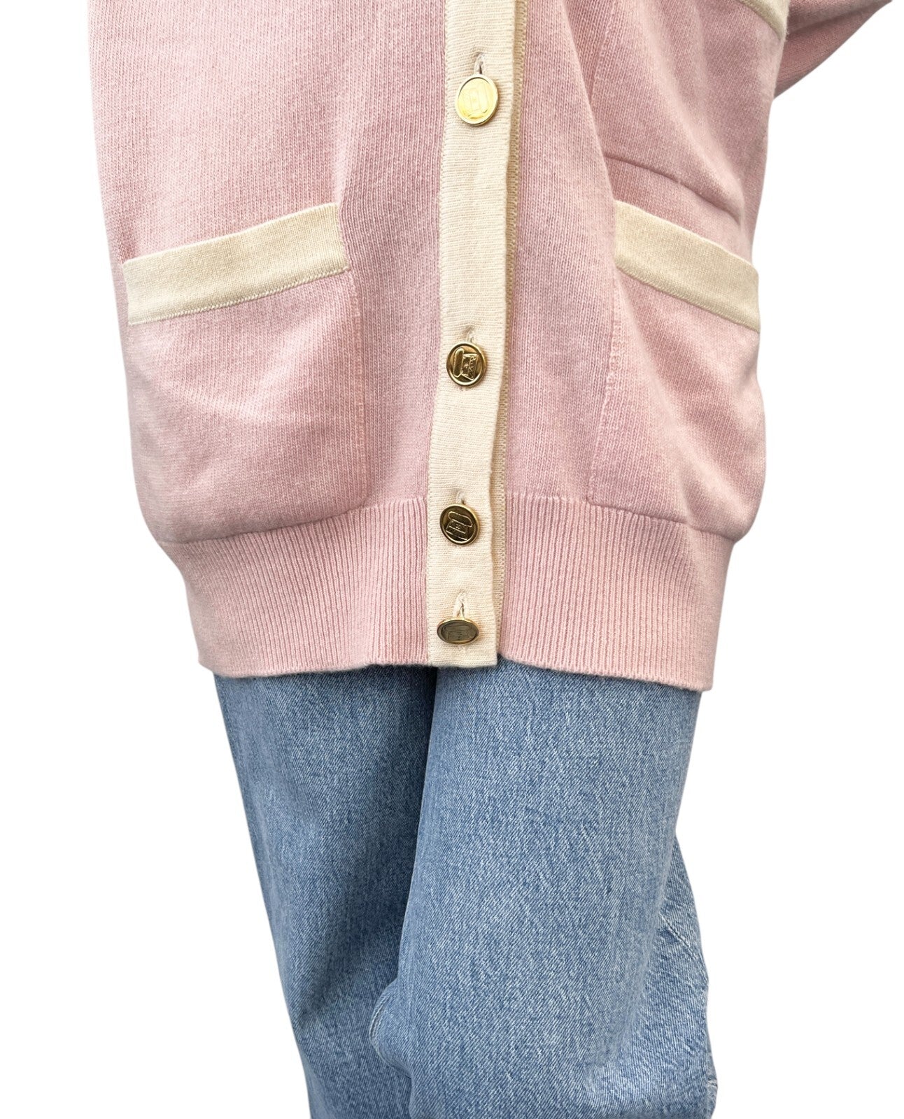 CHANEL Vintage CC Mark Logo Cardigan Pink Cream Cashmere Button Pockets Sweater