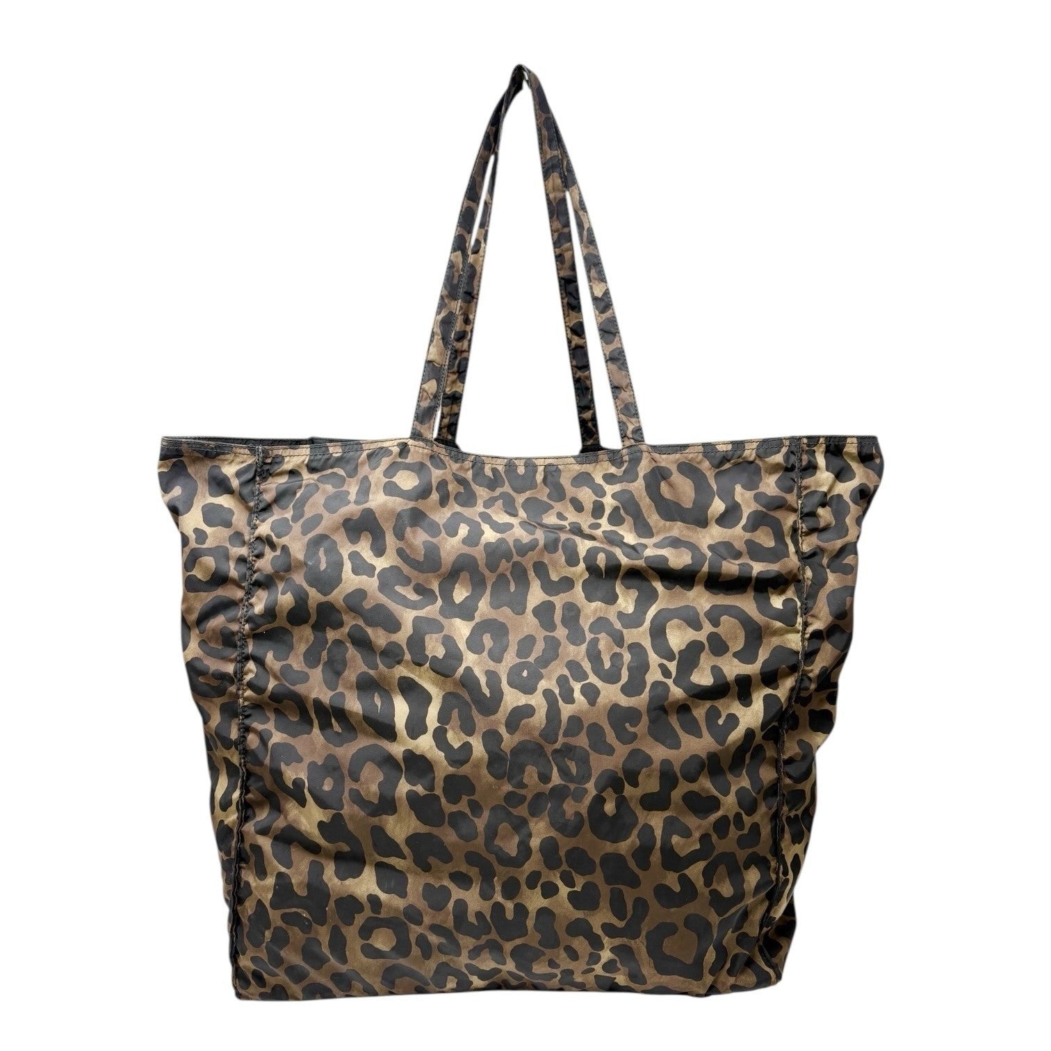 PRADA Vintage Logo Leopard Tote Shoulder Bag Khaki Black Silver Nylon Leather