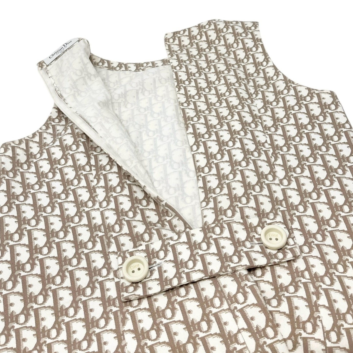 Christian Dior Vintage Trotter Monogram Dress #40 One-piece Beige White Cotton