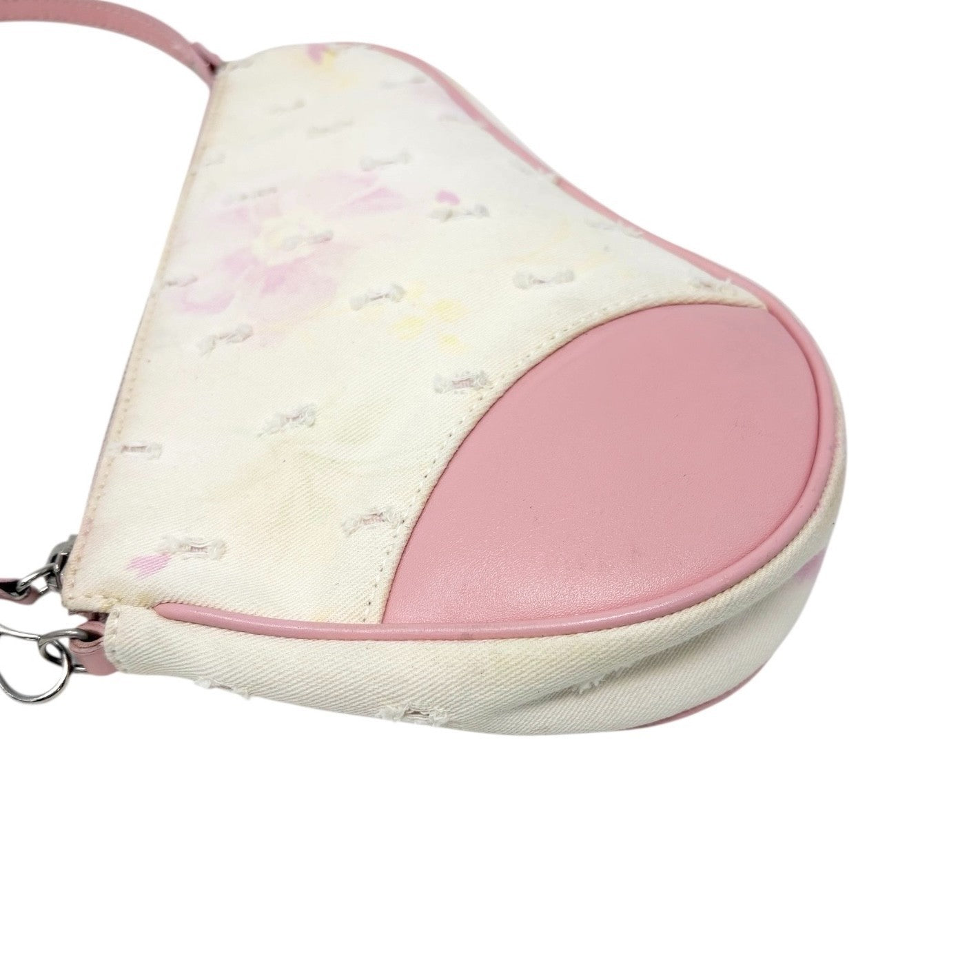 Christian Dior Vintage 2003 Distressed Floral Denim Mini Saddle Bag White Pink