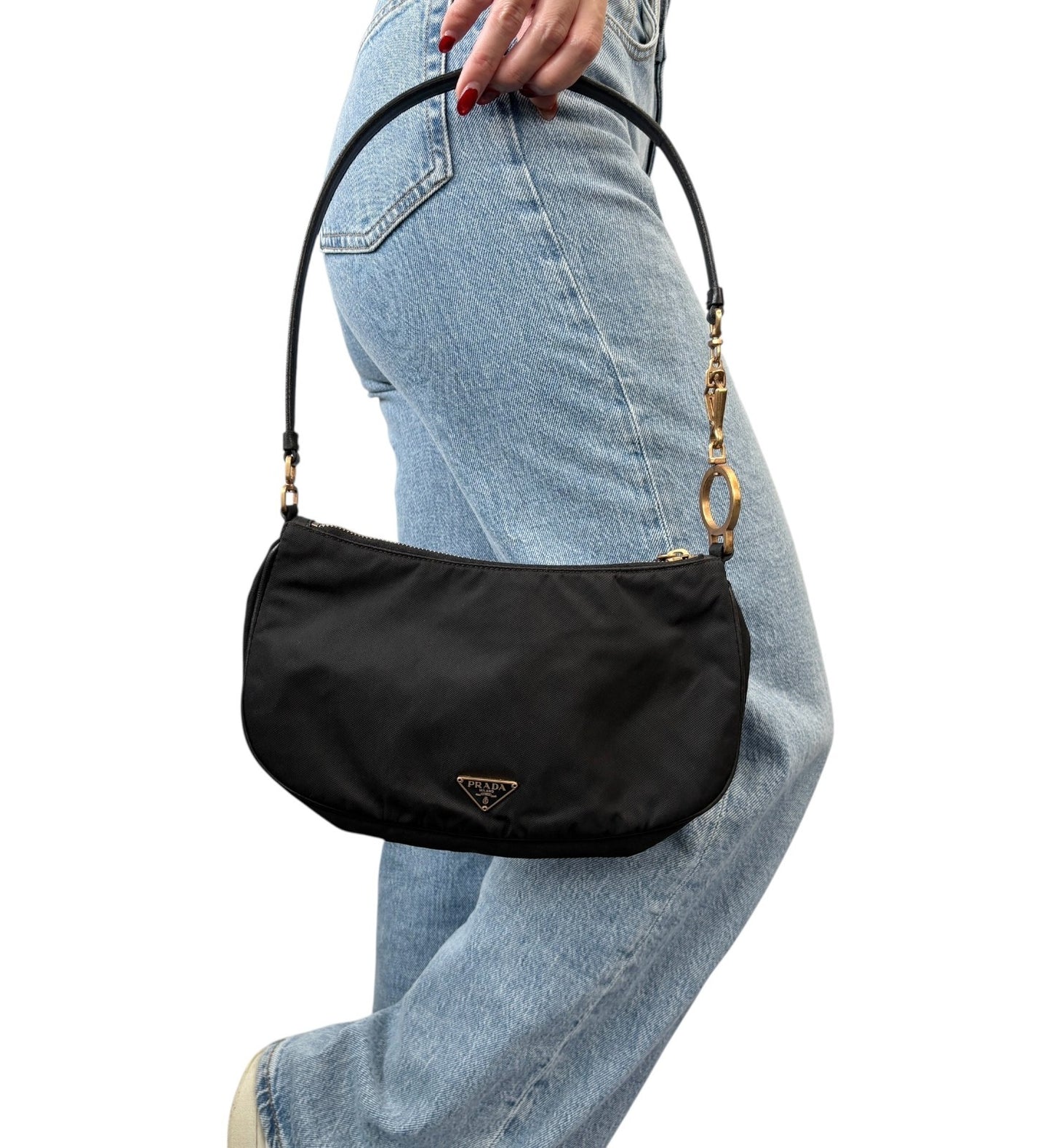 PRADA Vintage Mini Shoulder Nylon Bag Handbag Pochette Black Gold Logo