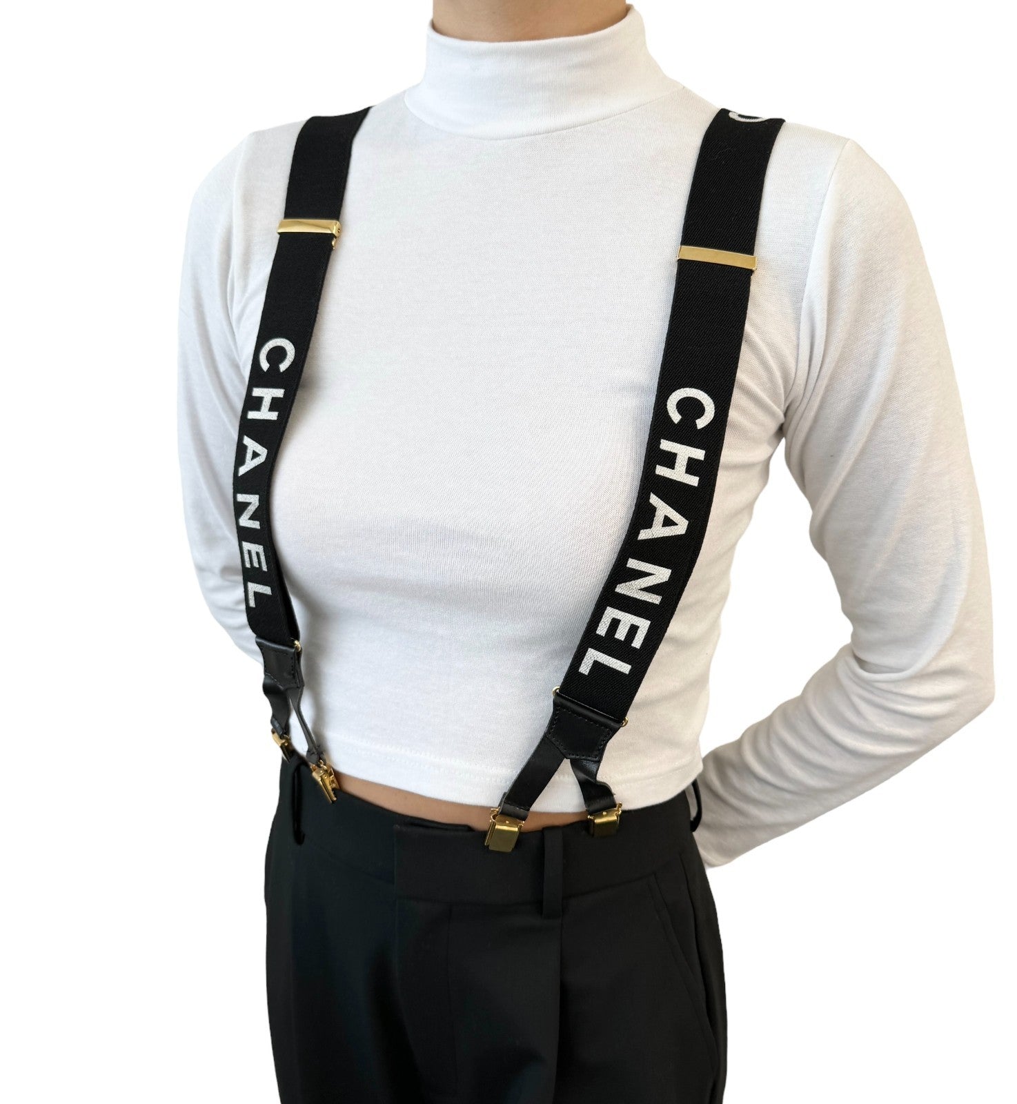 CHANEL Vintage 1994 CC Logo Letter Suspender Belt Black White Cotton Leather