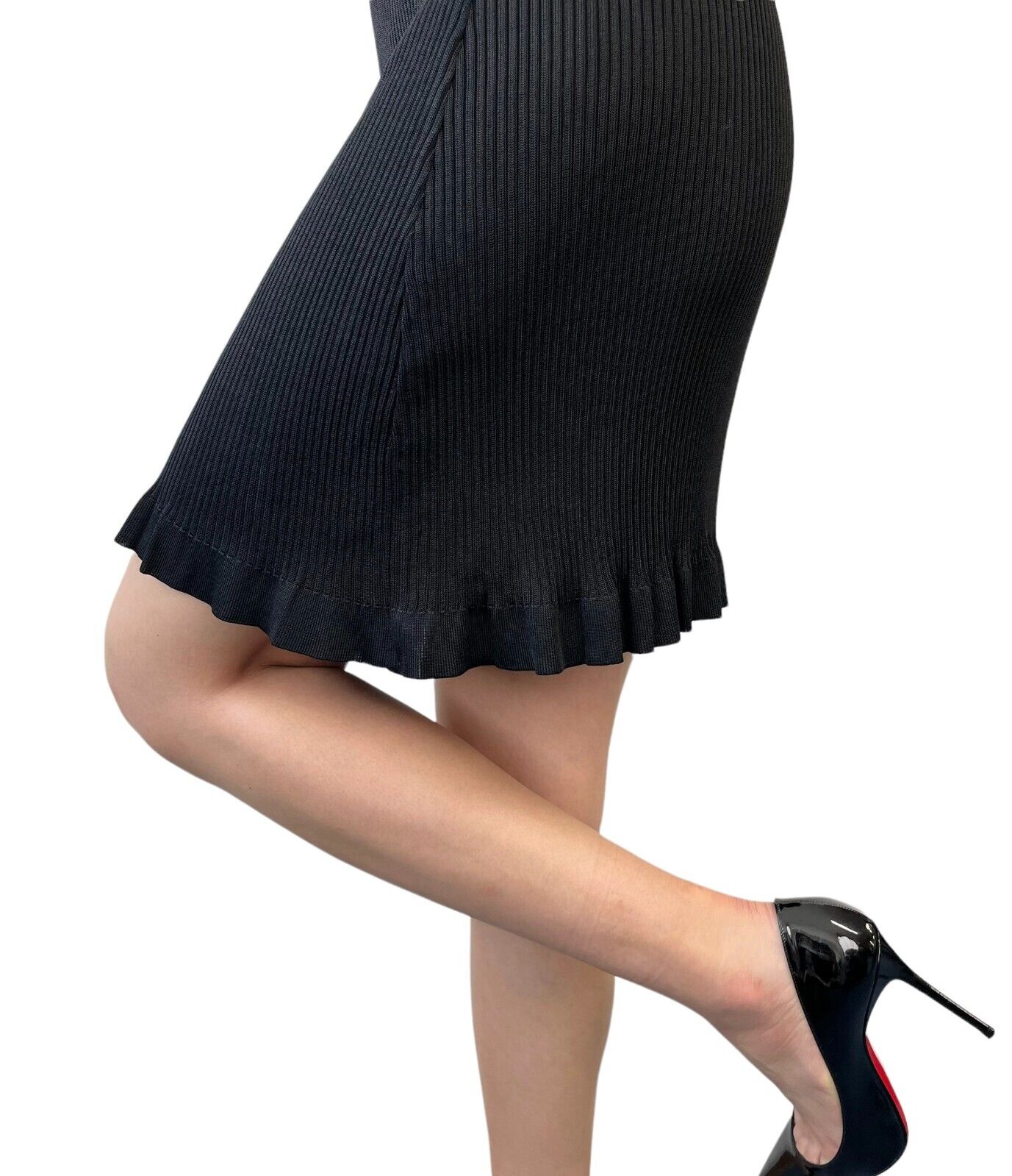 CHANEL Vintage 97P CC Logo Ribbed Knit Dress One-piece #42 Black White Rayon