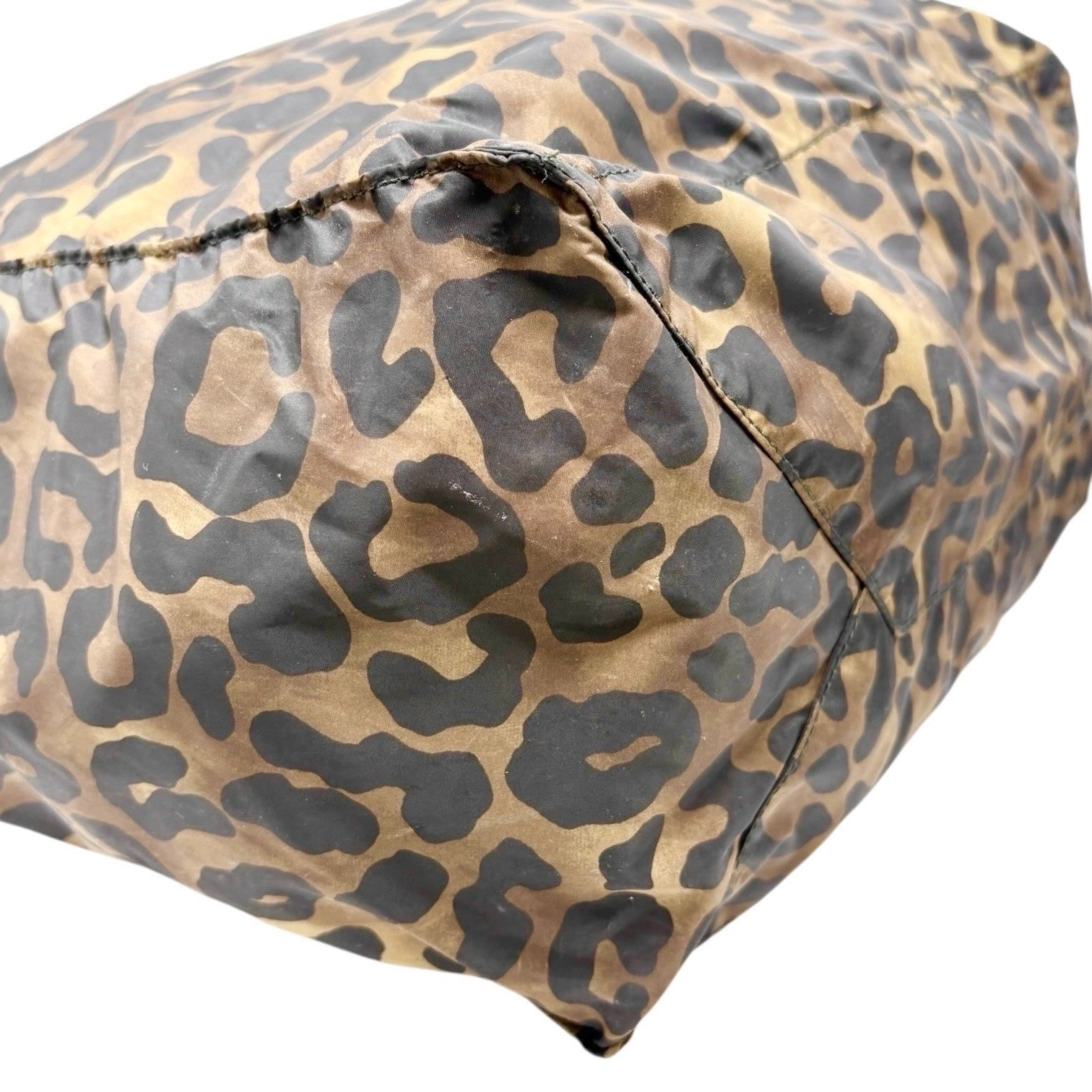 PRADA Vintage Logo Leopard Tote Shoulder Bag Khaki Black Silver Nylon Leather