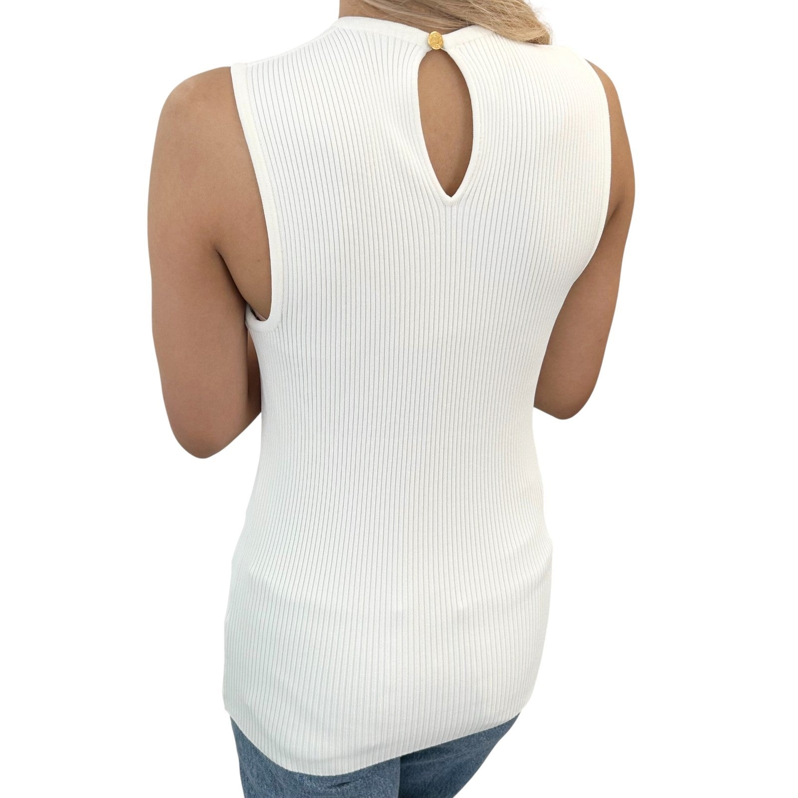 HERMES Vintage Logo Clou de Selle Button Rib Knit Tank Top #L White Gold Viscose